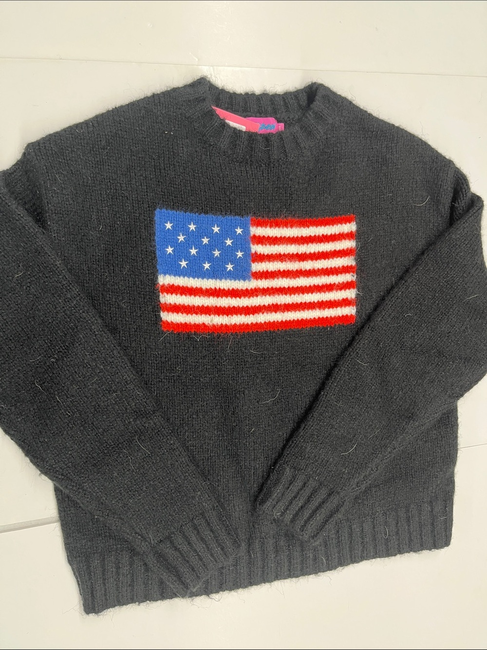 NEW Edikted Black Crewneck Sweater with Flag Knit Women’s size XS